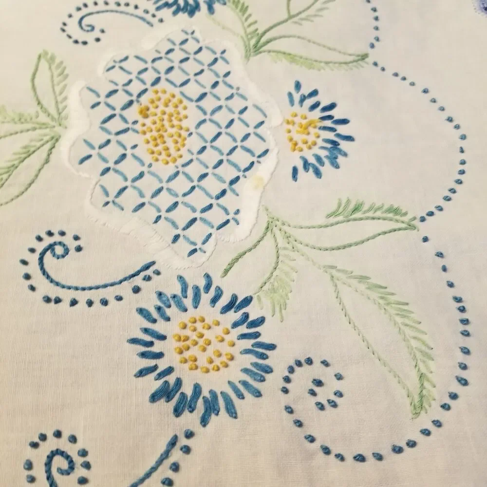 vintage handmade floral needlework table runner with a crocheted border